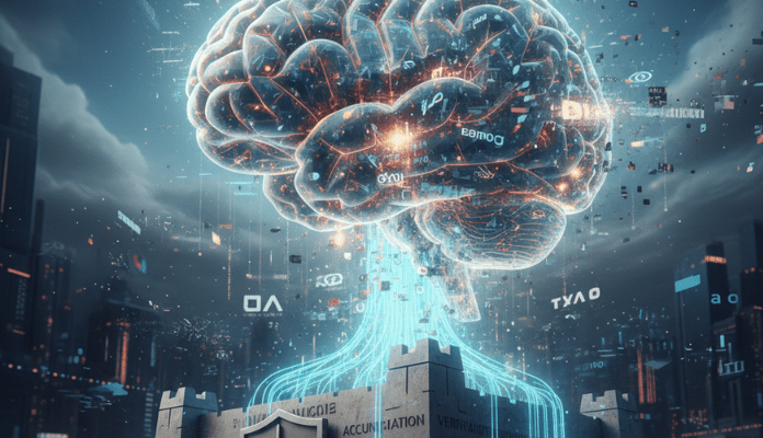 Digital brain over a fortified structure labeled with governance, integrity, audit, and verification, representing the need for strong governance to manage AI hallucination and protect reputation