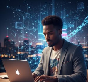 A focused Black man working on a laptop, overlaid with a bright blue digital network and a blockchain chain, symbolizing an African SME professional adopting Web3 technology