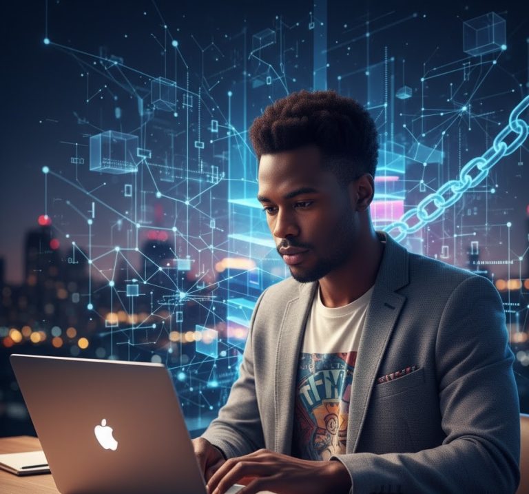 A young African entrepreneur using a laptop, set against a background of blue digital network and blockchain graphics, representing an African small or medium enterprise (SME) embracing the Web3 revolution.