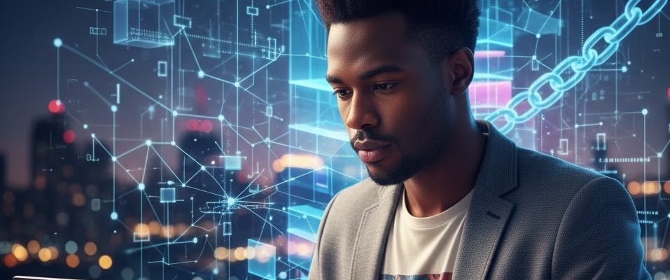 A young African entrepreneur using a laptop, set against a background of blue digital network and blockchain graphics, representing an African small or medium enterprise (SME) embracing the Web3 revolution.