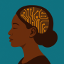 Illustration of an African woman in profile with orange AI circuitry patterns inside her head, symbolizing artificial intelligence and innovation in Africa, set against a teal background