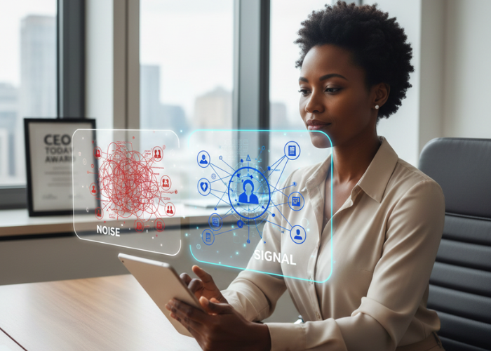 An African woman in a professional setting is looking at a tablet, with a holographic display separating 'noise' (red, chaotic lines) from 'signal' (blue, organized icons) to her right, symbolizing clear decision-making.