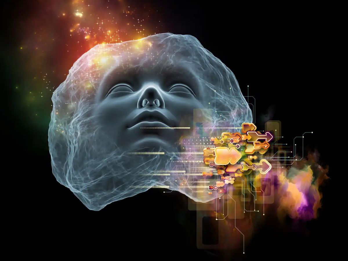 Conceptual illustration of AI hallucination or artificial consciousness, featuring a translucent, floating head made of digital mist, with glowing data streams and circuit board lines extending from its mind.