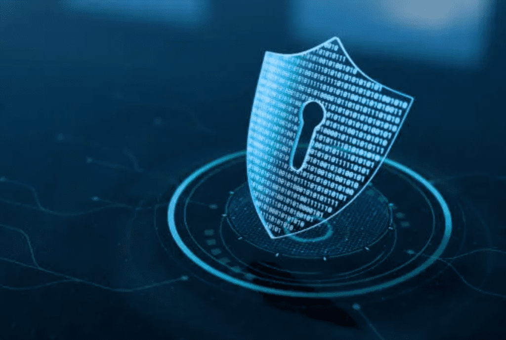 A digital glowing shield composed of binary code with a keyhole center, representing cybersecurity defenses against AI-driven threats in a global data landscape