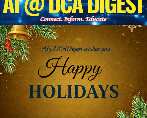 Digital banner for "Africa’s AI Revolution" featuring a festive holiday greeting from AI@DCADigest against a gold background with pine branches and a bell