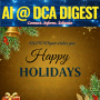 Digital banner for "Africa’s AI Revolution" featuring a festive holiday greeting from AI@DCADigest against a gold background with pine branches and a bell