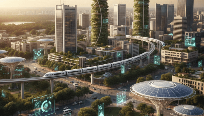 IoT African smart city infrastructure with a high-speed train, green buildings, and digital displays showing connected urban life.