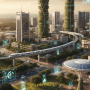 IoT African smart city infrastructure with a high-speed train, green buildings, and digital displays showing connected urban life.