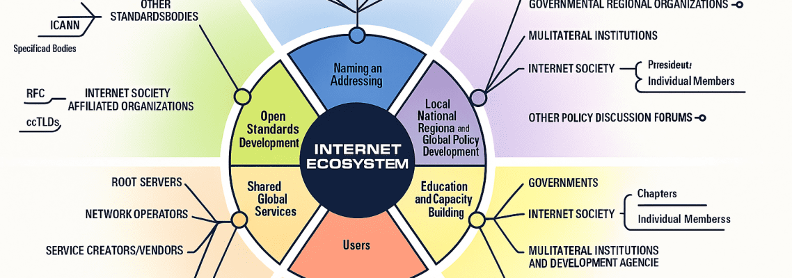 Diagram illustrating the global Internet Ecosystem, showing how organizations, governments, technical bodies, and users interact