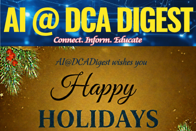 Digital banner for "Africa’s AI Revolution" featuring a festive holiday greeting from AI@DCADigest against a gold background with pine branches and a bell