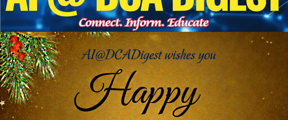 Digital banner for "Africa’s AI Revolution" featuring a festive holiday greeting from AI@DCADigest against a gold background with pine branches and a bell