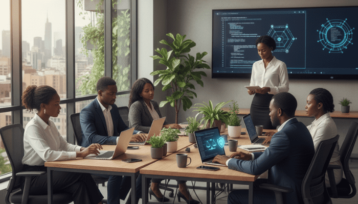 A group of African tech professionals collaborating in a bright, modern office. They are focused on laptops and digital displays, one of which features a glowing blue icon of a scale and shield, symbolizing the integration of ethics, trust, and security in Africa's digital revolution.