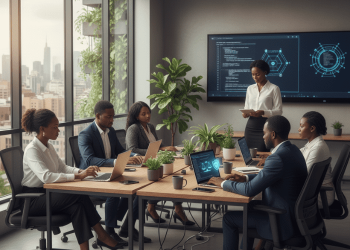 A group of African tech professionals collaborating in a bright, modern office. They are focused on laptops and digital displays, one of which features a glowing blue icon of a scale and shield, symbolizing the integration of ethics, trust, and security in Africa's digital revolution.