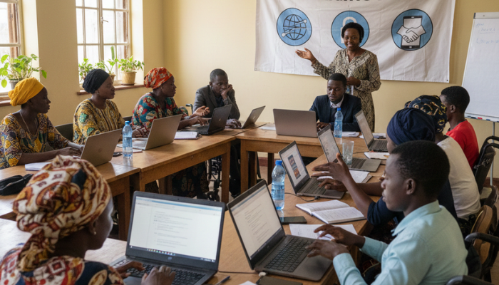 Community members in Africa learning about digital rights and inclusive digital policy during a capacity-building session led by DotConnectAfrica.