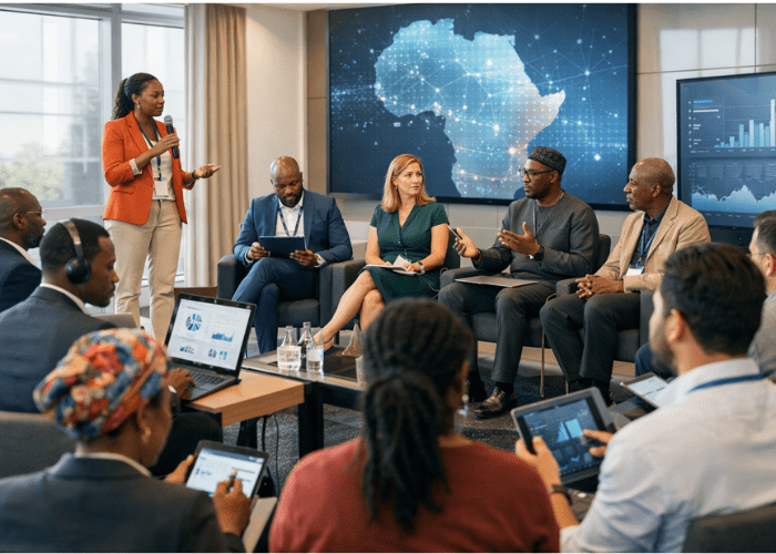 Diverse professionals at Africa Tech Policy Summit discussing digital governance with laptops, tablets, and digital screens showing African data