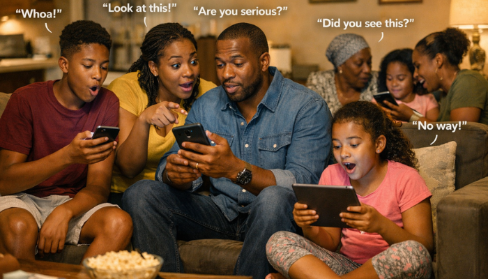 An African family at home, reacting with surprise and discussion to online content on smartphones and tablets, highlighting the impact of online misinformation. Warm, realistic, documentary-style setting.