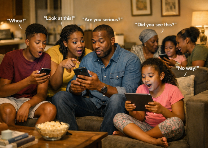 An African family at home, reacting with surprise and discussion to online content on smartphones and tablets, highlighting the impact of online misinformation. Warm, realistic, documentary-style setting.