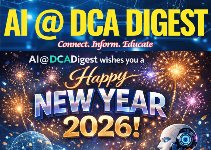 AI @ DCA Digest banner wishing a Happy New Year 2026 with fireworks, a futuristic city, and a sleek robot.