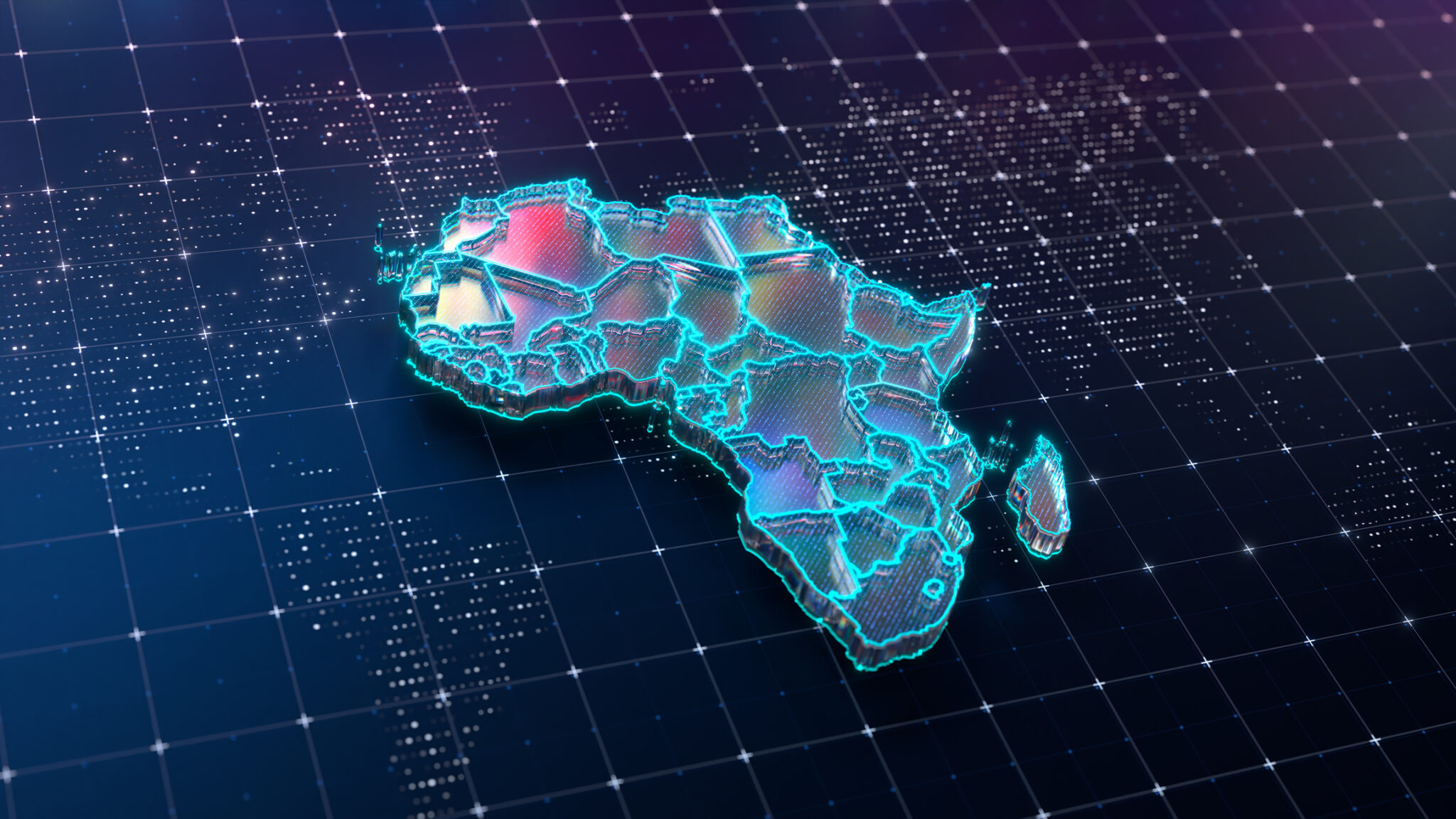 A stylized, 3D digital map of the African continent glowing with cyan neon outlines, set against a dark blue grid background with shimmering data points. The map is divided into geometric segments representing different countries, illuminated with iridescent pink and blue hues to evoke a sense of high-tech connectivity and digital transformation.