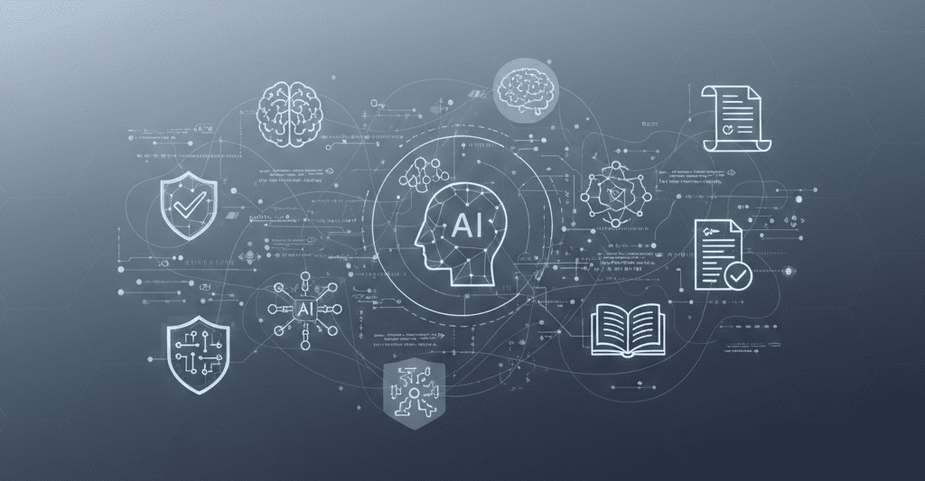 A modern, professional digital illustration in muted blue and gray tones featuring a centralized AI profile head surrounded by an intricate network of glowing nodes. The design incorporates clean line icons of shields, scrolls, and digital documents, representing the intersection of cybersecurity governance, AI policy, and digital ethics.