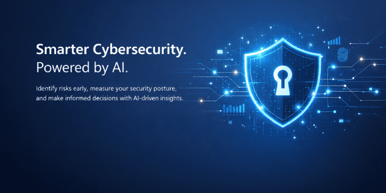 AI-powered cybersecurity with glowing shield and keyhole on blue background.