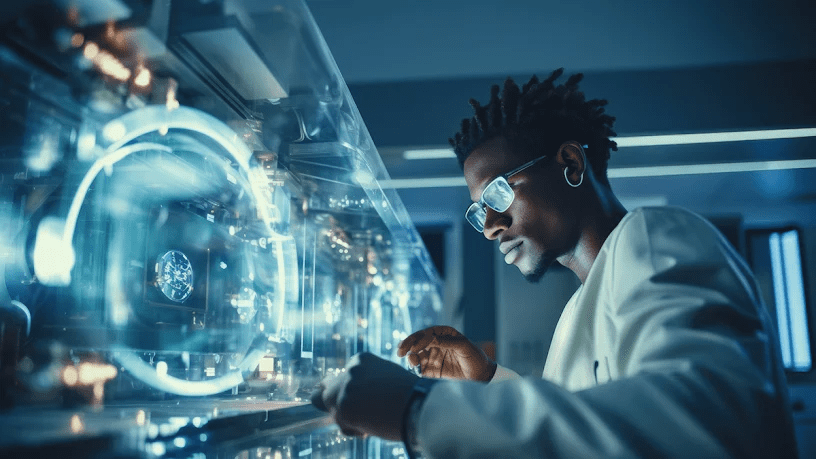 A focused African AI practitioner working with advanced holographic data interfaces, symbolizing the growth and innovation of the 92,000-strong Zindi community across the continent.