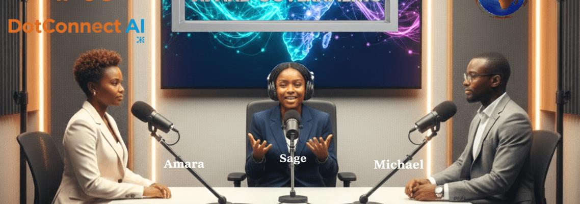 Three African professionals, Amara, Sage, and Michael, hosting a DotConnect AI podcast titled "AI and Governments" in a modern studio.
