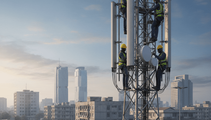 5G network infrastructure deployment in an African city highlighting connectivity and digital inclusion.