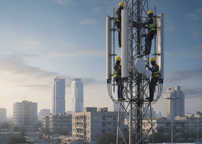 5G network infrastructure deployment in an African city highlighting connectivity and digital inclusion.