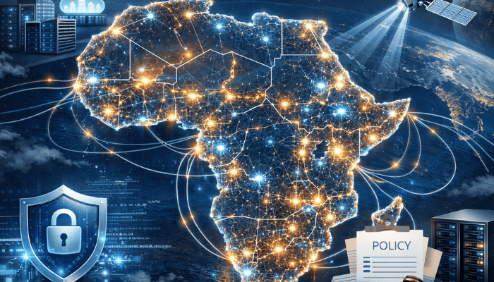 Illustration of Africa’s internet infrastructure with data centers, fiber cables, and digital governance symbols representing digital sovereignty in Africa.