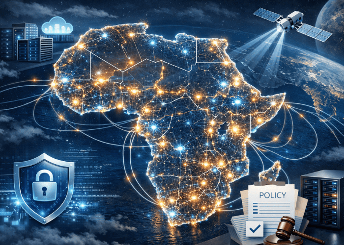 Illustration of Africa’s internet infrastructure with data centers, fiber cables, and digital governance symbols representing digital sovereignty in Africa.