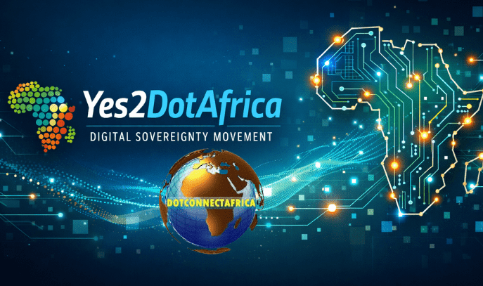 Banner for Yes2DotAfrica Digital Sovereignty Movement featuring DotConnectAfrica logo and abstract digital elements