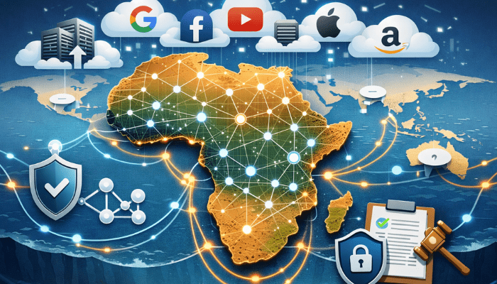 Illustration of Africa’s digital infrastructure with cloud servers, cables, and global tech platforms, representing digital colonialism and online control.