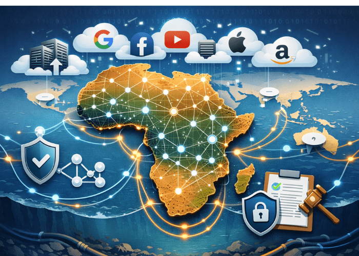 Illustration of Africa’s digital infrastructure with cloud servers, cables, and global tech platforms, representing digital colonialism and online control.