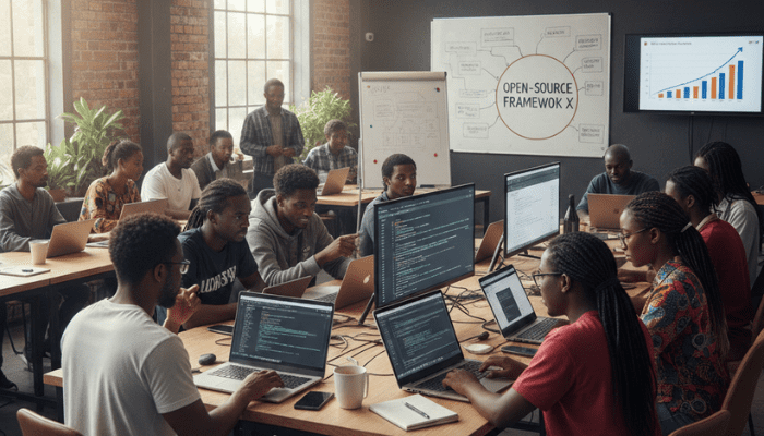 African developers and entrepreneurs collaborating on open-source projects, building innovative and cost-effective digital solutions.