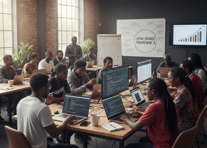 African developers and entrepreneurs collaborating on open-source projects, building innovative and cost-effective digital solutions.