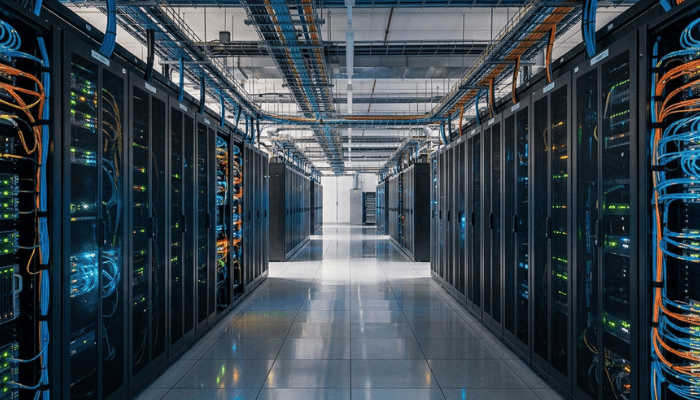 High-tech server room with glowing network cables