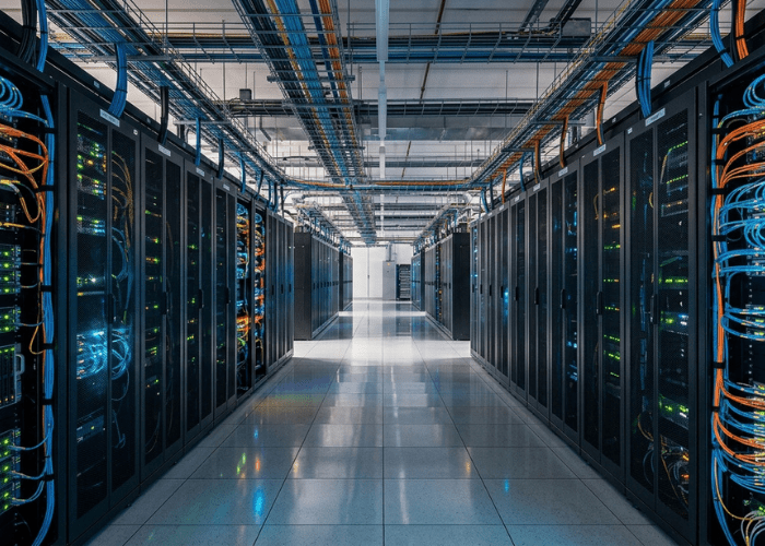High-tech server room with glowing network cables