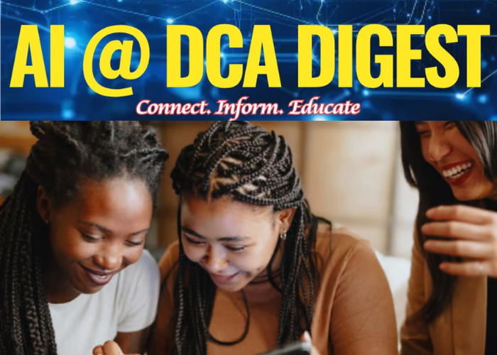 Three girls looking at multilingual ai and a AI@DCADigest banner| DotConnectAfrica