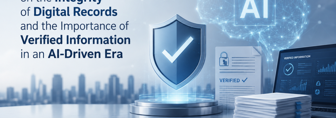 DotConnectAfrica press release graphic titled 'Integrity of Digital Records' with keywords: Verified Information, Verified, Integrity, Verification, Trust, Future-Ready. Subtext: Ensure authenticity and reliability, Promote fact-based information in a world of digital records, Build confidence in data, decisions, and institutions, Empower responsible AI with accurate, verified information.