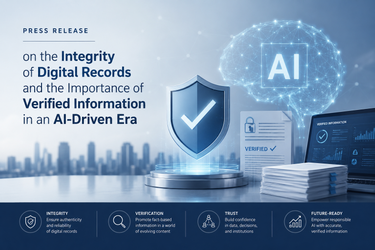 DotConnectAfrica press release graphic titled 'Integrity of Digital Records' with keywords: Verified Information, Verified, Integrity, Verification, Trust, Future-Ready. Subtext: Ensure authenticity and reliability, Promote fact-based information in a world of digital records, Build confidence in data, decisions, and institutions, Empower responsible AI with accurate, verified information.