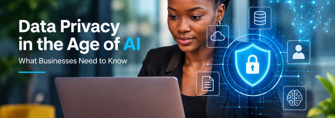 DotConnectAfrica Group blog graphic featuring an African professional woman using a laptop, with AI and cybersecurity icons, including a shield and lock, highlighting data privacy in the age of AI.