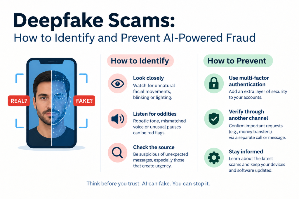 Deepfake scams and AI-powered fraud showing digital face manipulation and cybersecurity protection.