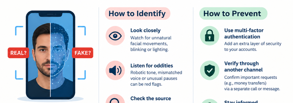 Deepfake scams and AI-powered fraud showing digital face manipulation and cybersecurity protection.
